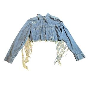Route 66 Womens Sequin Fringe Cropped Denim Jacket Blue Distressed Western S VTG